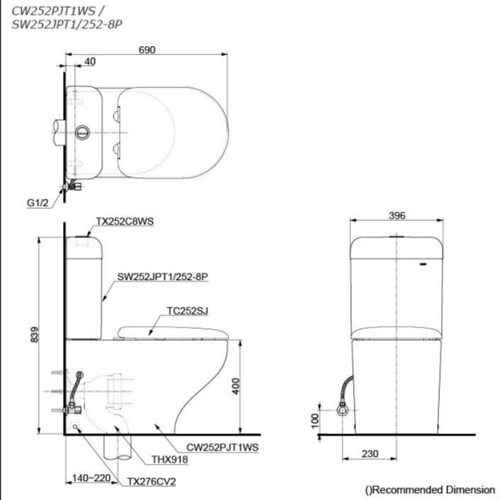 TOTO Hayon CW252PJT1WS Wall Faced Tornado Flush Toilet with S7 TCF4732AT WASHLET (D-Shape)