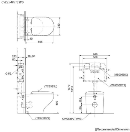 TOTO Hayon CW254PJT1WS Wall Faced Toilet with S5 TCF34220GAU WASHLET (D-Shape)with Inwall Cistern & Flush Plate