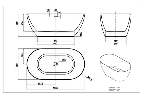 Ellips Slim Acrylic Free Standing Overflow Bathtub - Gloss White
