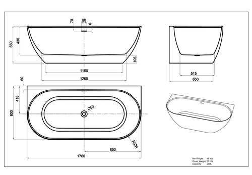 Ellips Back To Wall Free Standing Acrylic Bathtub 1500 | 1700mm