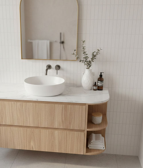 Skye Wall Hung Vanity with Open Shelf, Bench Top & Basin - 900mm