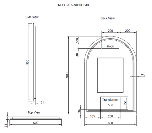 Riva Front Lit & Back Lit Led Mirror Arch Brushed Copper Framed with Defog and Dimmer 