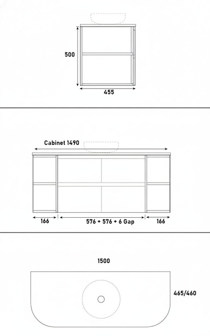 Skye Wall Hung Vanity with Open Shelf, Bench Top & Basin - 1500mm
