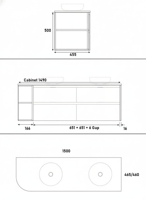 Skye Wall Hung Vanity with Open Shelf, Bench Top & Basin - 1500mm