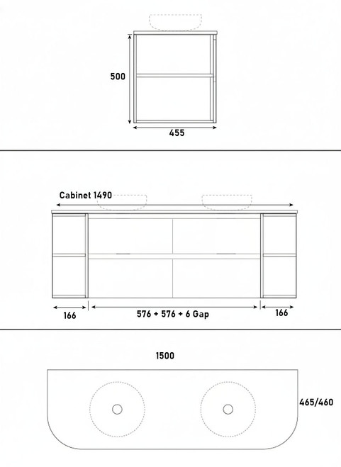 Skye Wall Hung Vanity with Open Shelf, Bench Top & Basin - 1500mm