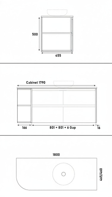 Skye Wall Hung Vanity with Open Shelf, Bench Top & Basin - 1800mm