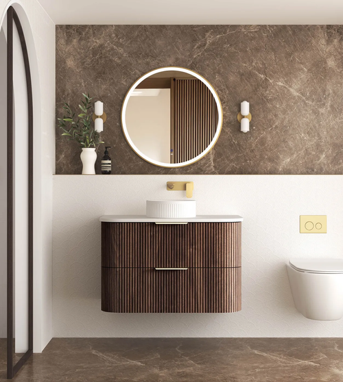 Havana Fluted 900mm Sable Walnut Wall Hung Curve Vanity