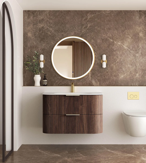 Havana Fluted 900mm Sable Walnut Wall Hung Curve Vanity