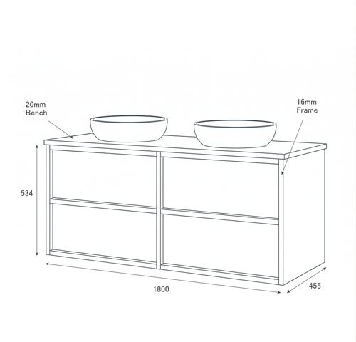 LEVI Wall Hung Vanity 1800 mm Push Open with Optional Stone Bench Top - All Drawer