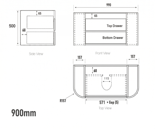 Coogee TWIN Rouned Curve Corner 900 mm Vanity - Optional Stone Bench Top