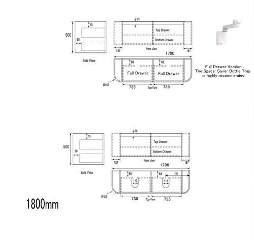 Coogee TWIN Rouned Curve Corner 1800 mm Vanity - Optional Stone Bench Top