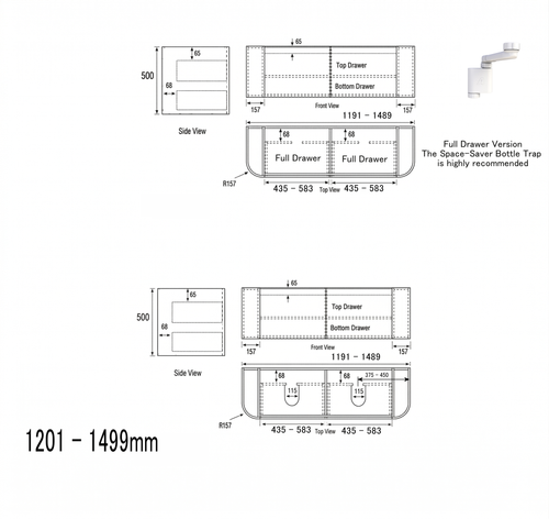 Coogee TWIN Rouned Curve Corner 1201 - 1499 mm Vanity - Optional Bench Top