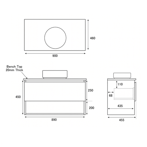 Infinity Short Wall Hung Vanity 900 mm, Open Shelf - Optional Stone Bench Top