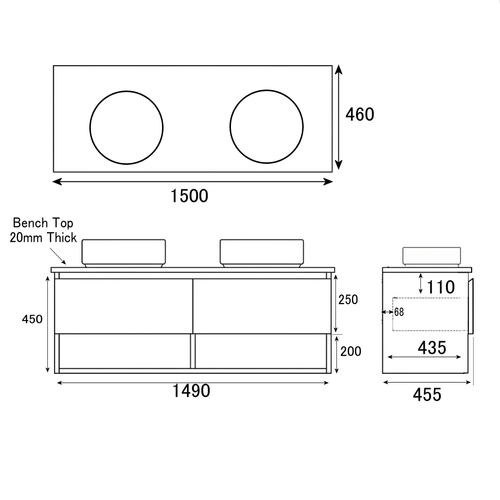 Infinity Short Wall Hung Vanity 1500 mm, Open Shelf - Optional Stone Bench Top