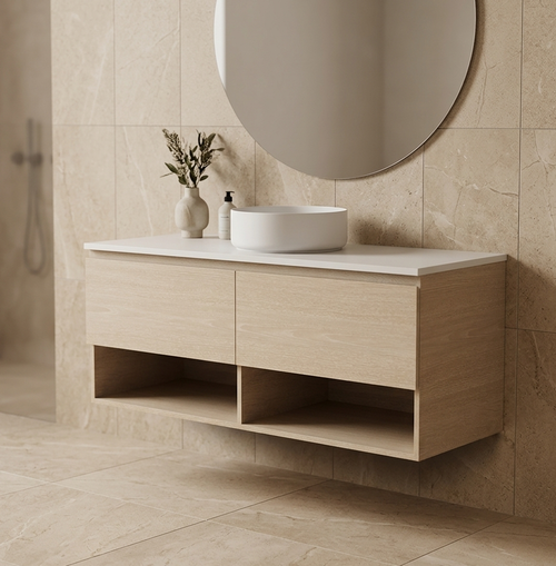 Infinity Short Wall Hung Vanity 910 - 1190 mm, Open Shelf - Optional Stone Bench Top