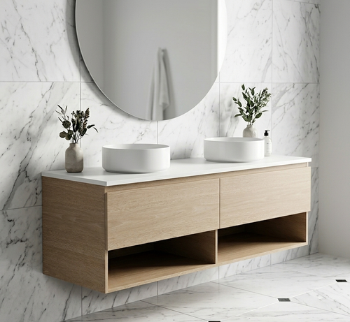 Infinity Short Wall Hung Vanity 1210 - 1490 mm, Open Shelf - Optional Stone Bench Top