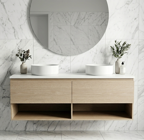 Infinity Short Wall Hung Vanity 1210 - 1490 mm, Open Shelf - Optional Stone Bench Top