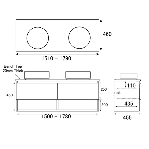 Infinity Short Wall Hung Vanity 1510 - 1790 mm, Open Shelf - Optional Stone Bench Top