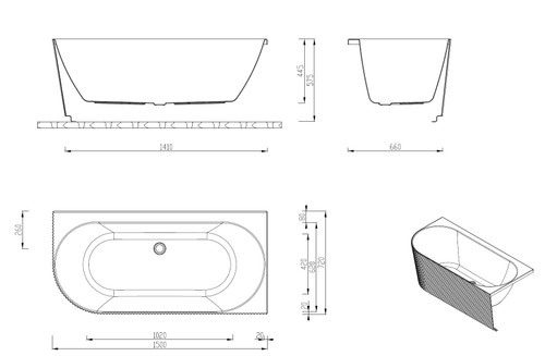 FS77 1500mm & 1700mm Fluted corner bathtub