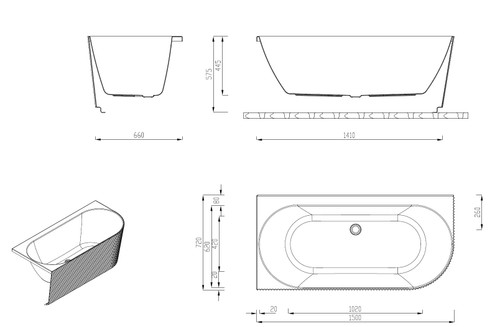 FS77 1500mm & 1700mm Fluted corner bathtub