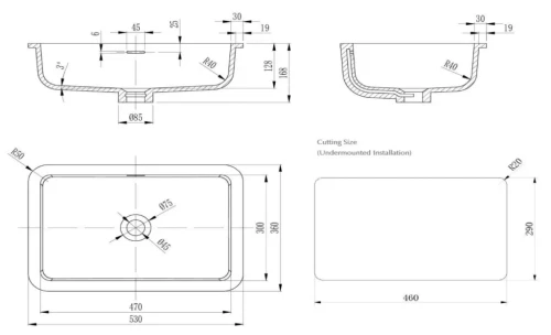 Bella Vista Thalios Latte Solid Surfurce Drop In or Undermount Basin with overflow 530x360x168mm