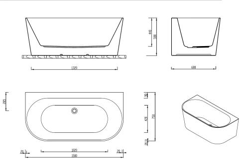 Fluted  Back To Wall Oval Free Standing Bath Gloss White  （ off set waste ） 
