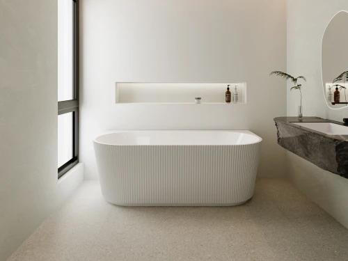 Fluted  Back To Wall Oval Free Standing Bath Gloss White  （ off set waste ） 