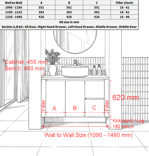 Wall to Wall Vanity 1090  mm to 1180 mm Evolution Tall - Satin White -  Optional Benchtop