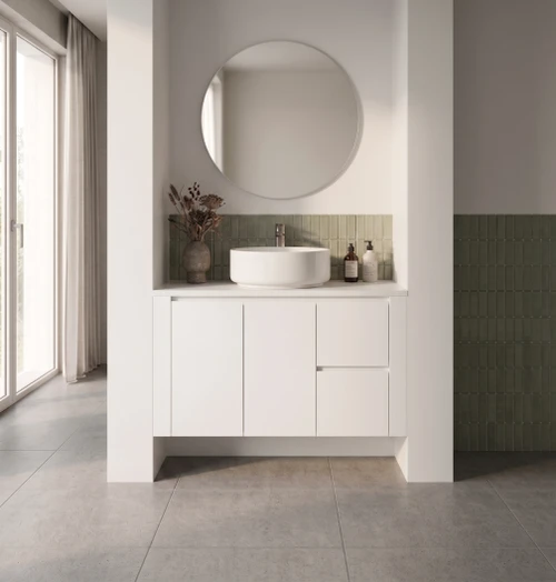 Wall to Wall Vanity 1320 mm to 1480 mm Evolution Tall - Satin White -  Optional Benchtop