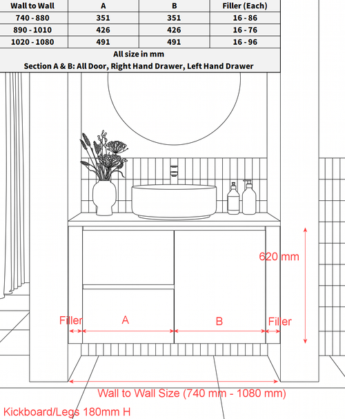 Wall to Wall Vanity 1020 mm to 1080 mm Evolution Tall - TimberGrain -  Optional Benchtop