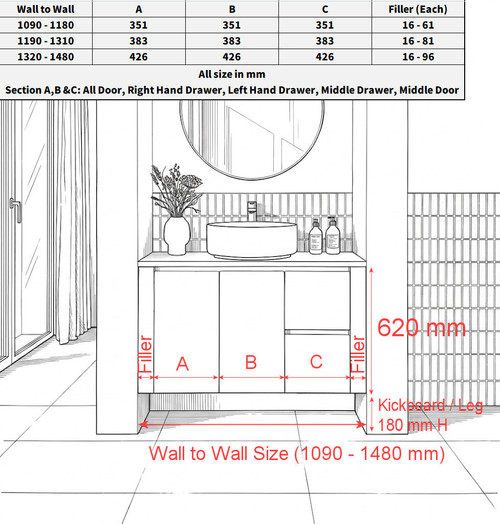 Wall to Wall Vanity 1190 mm to 1310 mm Evolution Tall - TimberGrain -  Optional Benchtop