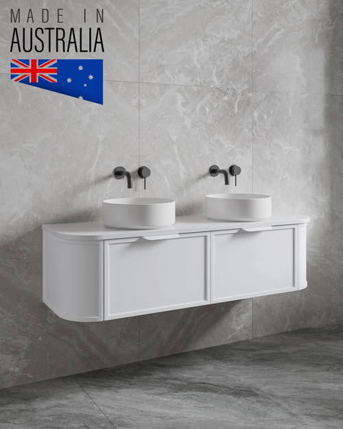 Satin White Seaford 1800mm Curved Wall-Hung Vanity | All-Drawer & Optional Stone Top