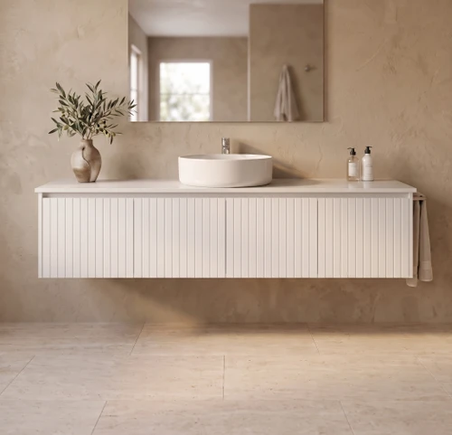 Cottage V-Groove White Shaker Wall Mount 1500 mm Vanity - Optional Stone Bench