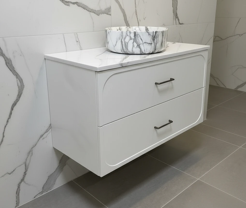 Marius 900mm Wall Hung Bathroom Vanity | Hampton Shaker Satin White - Optional Bench