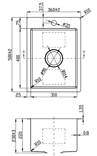 Cora Single Bowl Laundry Sink 0.8mm Thickness  Overall Size - 360x500x230mm With Tap Hole 
