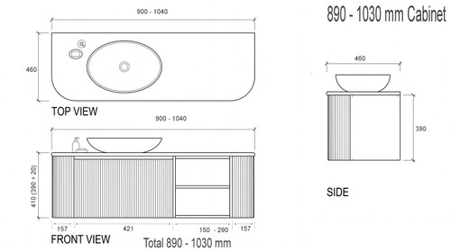 Wave Curve Wall Mounted Vanity 890 - 1030mm | Open Shelf | Optional Bench