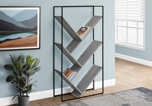 I2200 Bookcase - 60"H Grey V-Shaped Shelves With Black Metal Frame