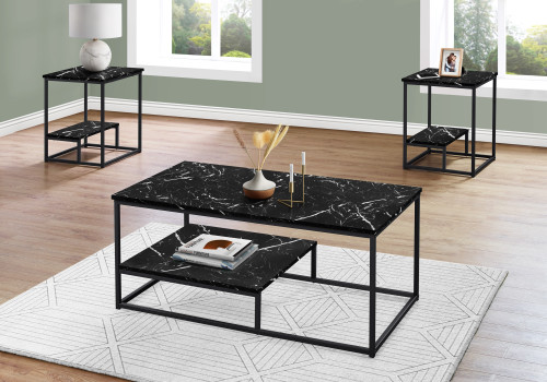 I7964P Table Set - 3PCS Set / Black Marble-Look Top & Raised Bottom Half Shelf With Black Metal Frame