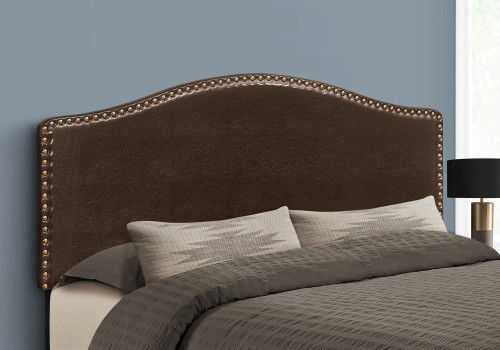 I6010Q Queen Size Bed Headboard - Brown Leather-Look With Antique Brass Nailhead Trim