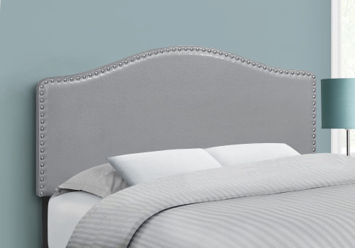 I6011F Full Size Bed Headboard - Grey Leather-Look With Chrome Nailhead Trim