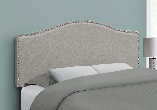 I6013F Full Size Bed Headboard - Grey Linen With Chrome Nailhead Trim