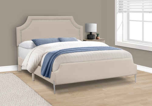 I6036Q Queen Size Bed - Beige Linen With Chrome Metal Legs