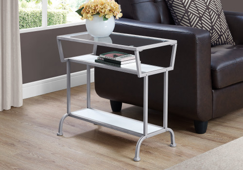 I2068 Side Table - 22"H / Tempered Glass Top & White Open Shelves With Silver Frame