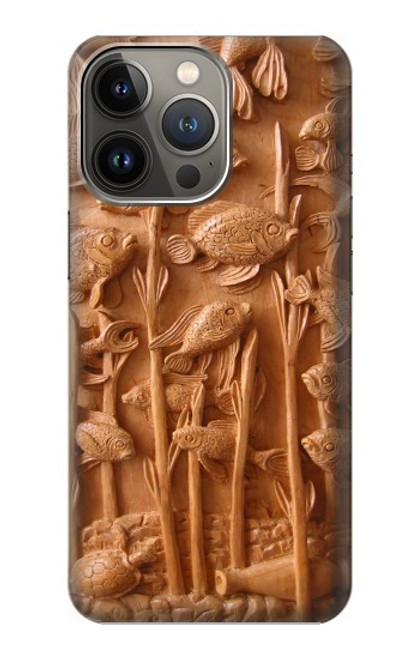 W1307 Fish Wood Carving Graphic Printed Hard Case and Leather Flip Case For iPhone 13 Pro