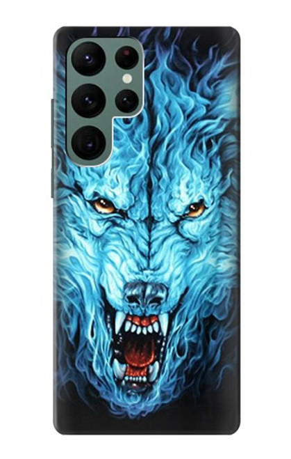 W0752 Blue Fire Grim Wolf Hard Case and Leather Flip Case For Samsung Galaxy S22 Ultra