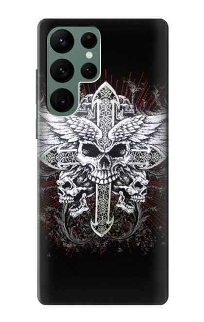 W1434 Skull Wing Tattoo Biker Hard Case and Leather Flip Case For Samsung Galaxy S22 Ultra