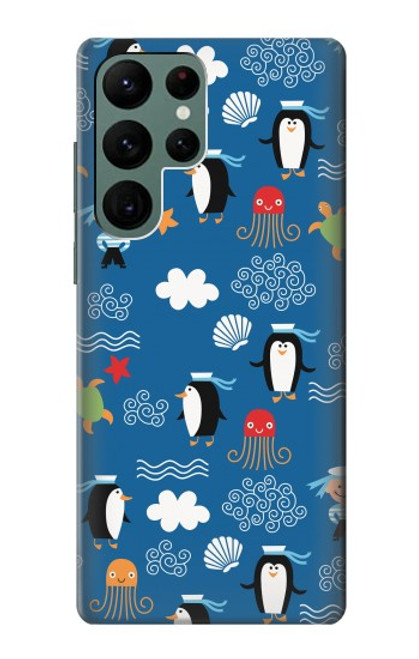 W2572 Marine Penguin Pattern Hard Case and Leather Flip Case For Samsung Galaxy S22 Ultra