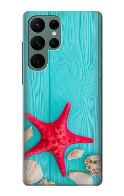 W3428 Aqua Wood Starfish Shell Hard Case and Leather Flip Case For Samsung Galaxy S22 Ultra