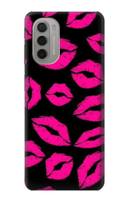 W2933 Pink Lips Kisses on Black Hard Case and Leather Flip Case For Motorola Moto G51 5G