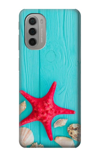 W3428 Aqua Wood Starfish Shell Hard Case and Leather Flip Case For Motorola Moto G51 5G